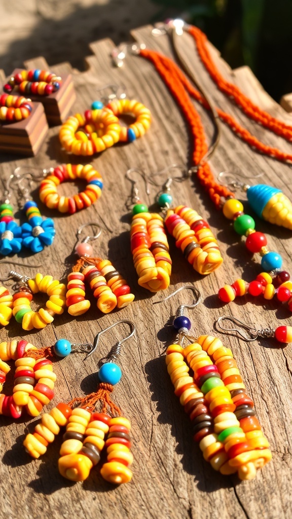 Colorful handmade corn kernel jewelry displayed on a wooden surface.